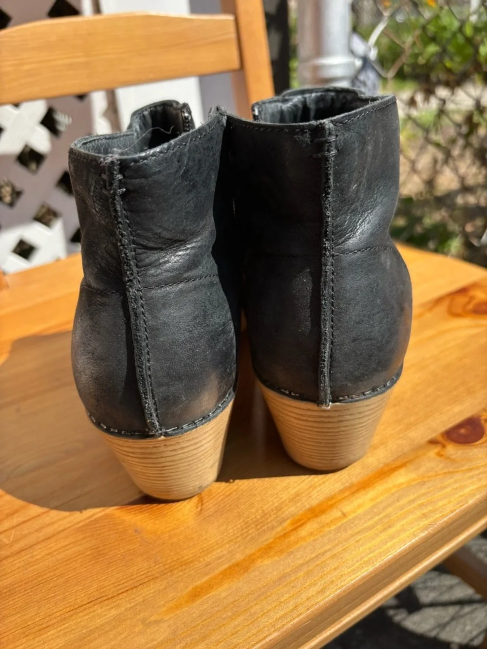 Dansko Black Leather Ankle Booties with Natural Wood-Look Heel